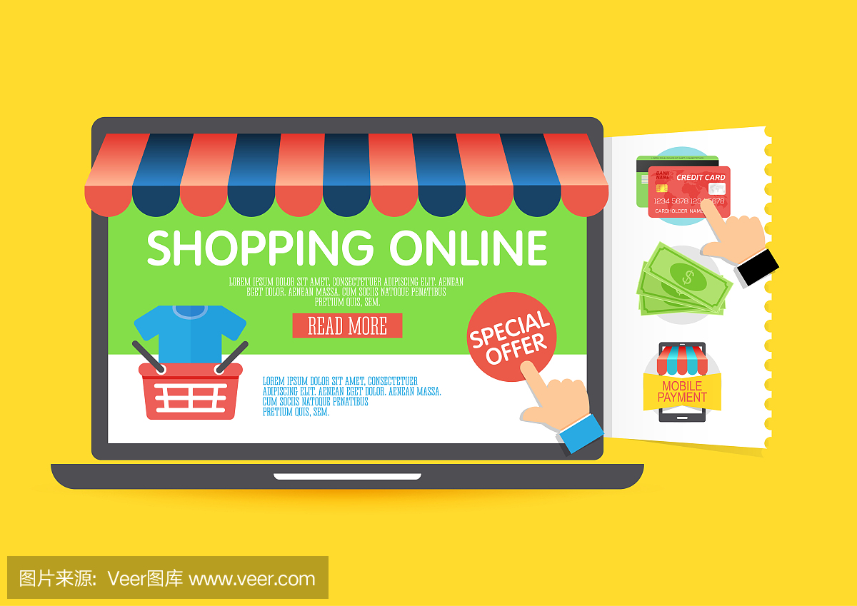 网上购物的概念与笔记本电脑和图标,平面设计。网上商店的概念。矢量图